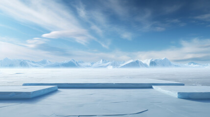 Natural ice podium, background on ice snow mountain with snow covered floor for product stand display. Generative AI