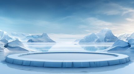 Natural ice podium, background on ice snow mountain with snow covered floor for product stand display. Generative AI