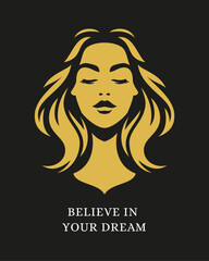 Beautiful woman hair portrait golden silhouette motivational phrase poster t shirt print vector flat