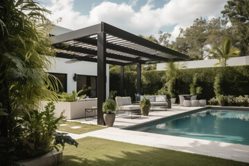 Trendy outdoor patio pergola shade structure, awning and patio roof, pool, garden lounge, chairs, metal grill surrounded by landscaping, generative AI - obrazy, fototapety, plakaty