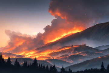 激しく燃える山火事