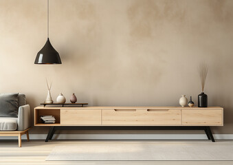 blank wall Japandi  style interior mockup living room  - 620061502
