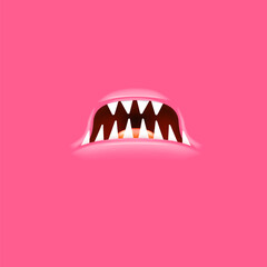 Vector Cartoon open mouth with fangs isolated on pink background. Funny and cute pink funny Halloween Monster open mouth with big vampire fangs. jaws and mouth of the beast cartoon illustration