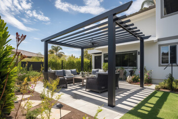 Trendy outdoor patio pergola shade structure, awning and patio roof, pool, garden lounge, chairs, metal grill surrounded by landscaping, generative AI