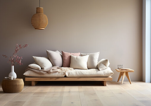 Blank Wall Japandi  Style Interior Mockup Living Room 