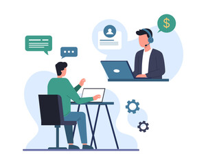 HR managers interviewing job seeker, talking with professional man online via laptop. Process of talking with candidates. Human resource management representatives. Vector flat illustration