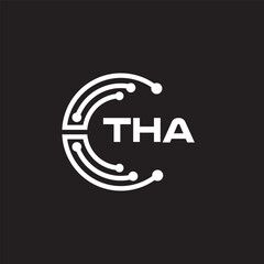 THA letter technology logo design on black background. THA creative initials letter IT logo concept. THA setting shape design.
