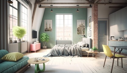 a bedroom in an attic apartment with a large window in pastel colors