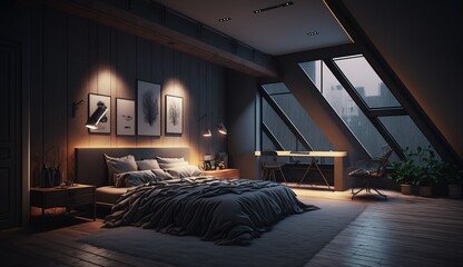the bedroom of a black attic apartment with a large window