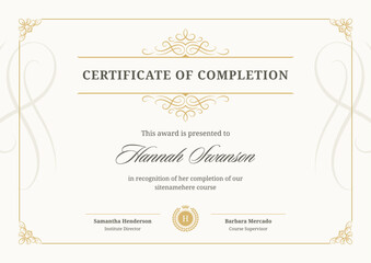 Certificate diploma graduation document vintage golden curved ornament template design vector flat