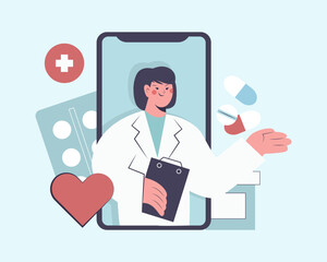 Female talking with clients via smartphone. Electronic medical record and online medical treatment. Online consultation with specialist. Flat vector illustration in blue and red colors