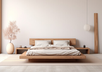  blank wall Japandi style interior mockup bedroom