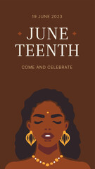 Juneteenth day social media poster beauty ethnic tribal African woman portrait vector flat