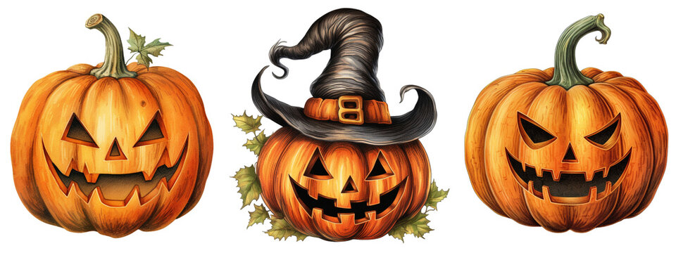 Halloween pumpkins decoration on transparent background. Spooky Jack-o'-Lantern Halloween pumpkins wearing witch hat, party elements set isolated on white background.