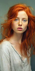 Obraz premium Portrait of a pretty freckled redheaded woman. Generative AI