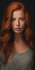 Fototapeta premium Portrait of a pretty freckled redheaded woman. Generative AI