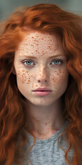 Portrait of a pretty freckled redheaded woman. Generative AI