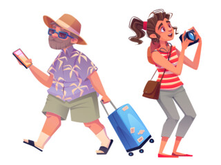Cartoon set of tourist characters isolated on white background. Vector illustration of senior man with suitcase and smartphone in hand, excited young woman taking photos with camera. Vacation travel