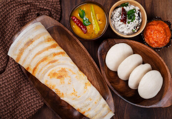 Famous indian food dosa idli sambar and chutney