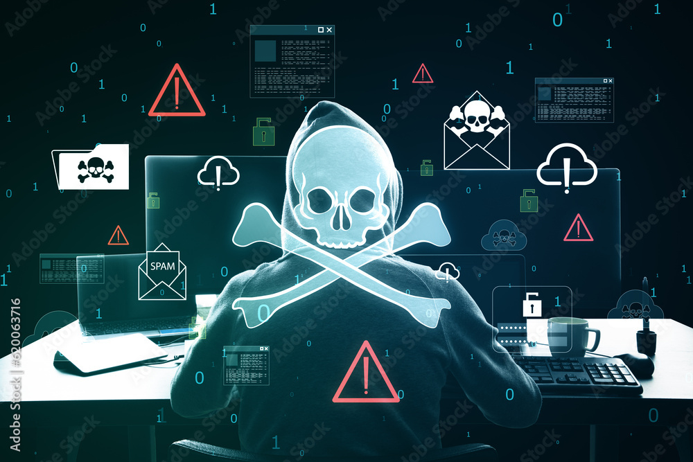 Poster Back view of hacker at desk using computers with glowing skull hologram on blurry background. Hacking, malware and phishing concept.