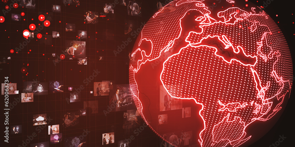 Poster connecting businesspeople, video conference concept. abstract red globe with grid and images on blur
