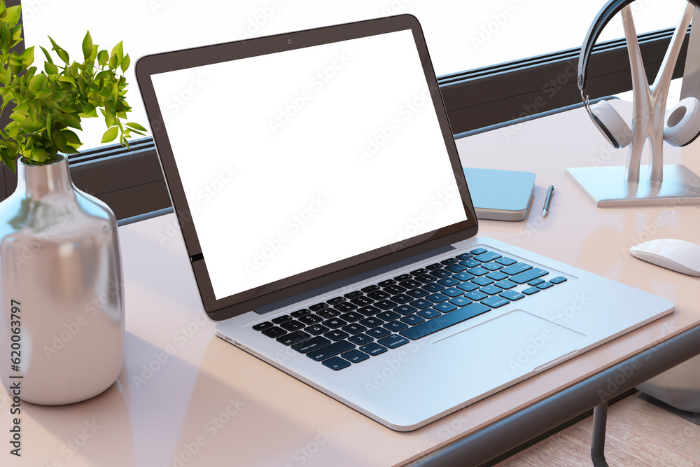 Poster Close up of modern designer office desktop with white mock up computer monitor, decorative vase with plant, other objects and window with city view in the background. 3D Rendering.
