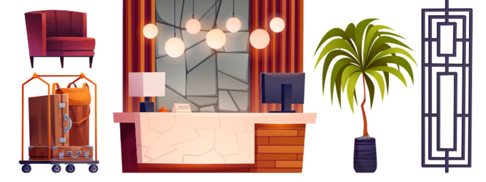 Hotel reception and lobby interior isolated cartoon vector set. Professional office welcome area, luggage on trolley and concierge table furniture design. Corridor or hallway indoor in hostel building
