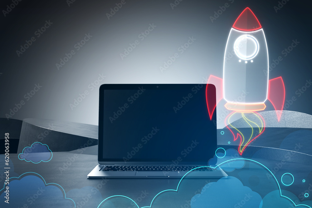Poster Close up of mock up laptop with creative rocket ship sketch on blurry background. Content launch and spaceship concept. Double exposure.