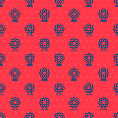 Blue line Ferris wheel icon isolated seamless pattern on red background. Amusement park. Childrens entertainment playground, recreation park. Vector