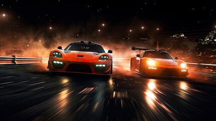 Obraz na płótnie Canvas A Compelling Background Displaying High-Speed Racing Cars in a Night Time Game - Wallpaper crafted with Realism and Intricate Detailing created with Generative AI Technology