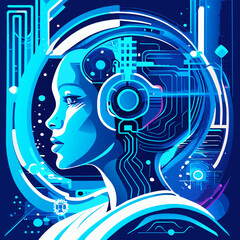 Artificial intelligence concept. Futuristic cyborg head. Vector illustration