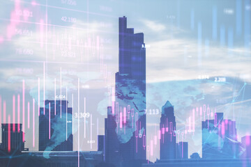 Abstract downward purple forex chart on blurry city wallpaper. Crisis and recession concept. Double exposure.