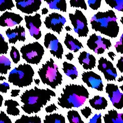 Trendy Purple Neon Leopard seamless pattern. Vector rainbow wild animal cheetah skin, gradient leo texture with black and neon spots on white background for fashion print design, wrapping, backgrounds