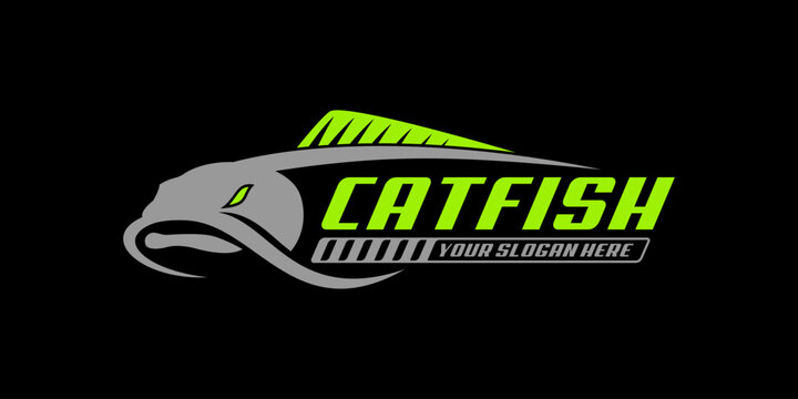 fishing logo cat fish on black dark background vector