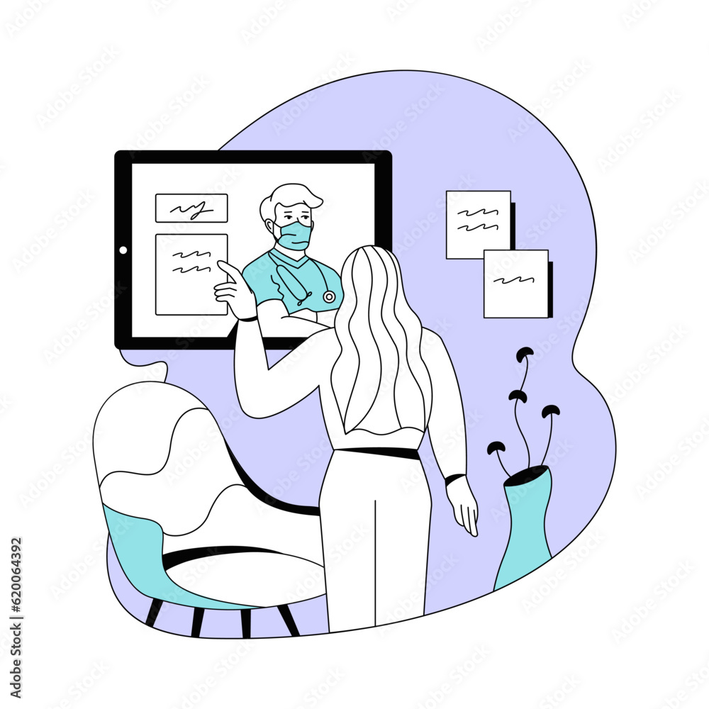 Wall mural Female standing near tablet and talking online with professional doctor. Time for making treatment online. Remote meeting with therapist. Vector flat line illustration in blue colors