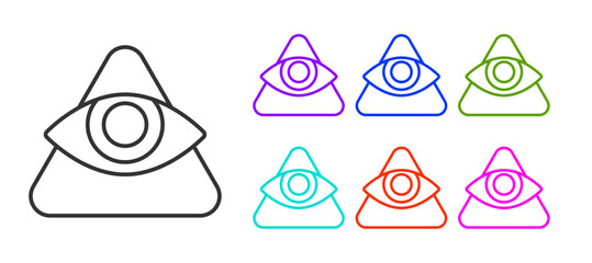 Black line Masons symbol All-seeing eye of God icon isolated on white background. The eye of Providence in the triangle. Set icons colorful. Vector