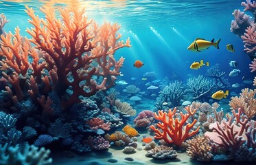 Beautiful Underwater Coral Reef During The Day With Sunlight Coming Through