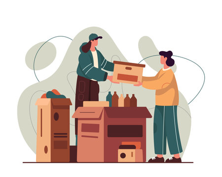 Young man and woman working in volunteering organization. Time for collecting clothing and food for needy people. Charity and donations. Vector flat illustration in brown colors
