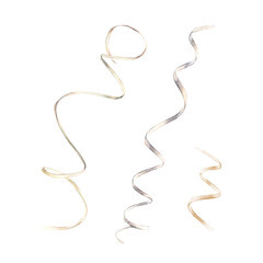 Set of silk or paper ribbons in white. Hand-drawn watercolor illustration isolated on white background. Ribbon gift wrapping, spiral tape for icon or logo. Drawing for designs and greetings