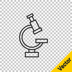 Black line Microscope icon isolated on transparent background. Chemistry, pharmaceutical instrument, microbiology magnifying tool. Vector