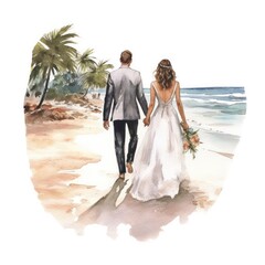 Asian couple walking on the beach wedding watercolor on white background