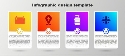 Set Car battery, Lightning bolt, Propane gas tank and Wind turbine. Business infographic template. Vector