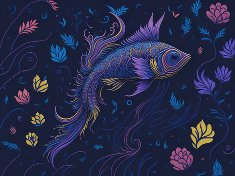Painting depicts a stunning blue fish adorned with a captivating and intricate pattern set against a dark blue background that enhances its vibrant colors.