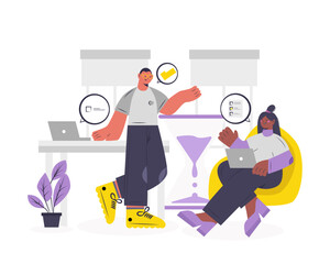 Man and female working in coworking space. Productive business people actively doing office job, making planning on calendar. Time management concept. Vector illustration in flat design
