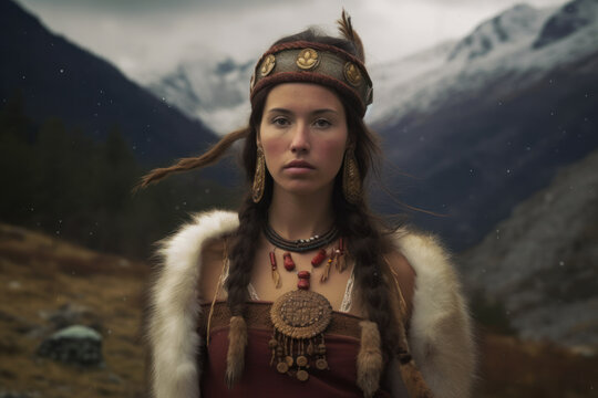 Portrait of young woman from Andora in traditional clothes with mountain background