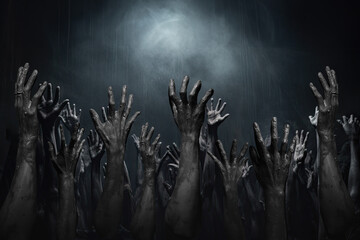 Halloween night background of numerous scary and creepy zombie hands rising from dark shadows,...