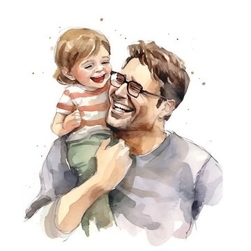 Father and child sharing a special moment of laughter or tickles water color style