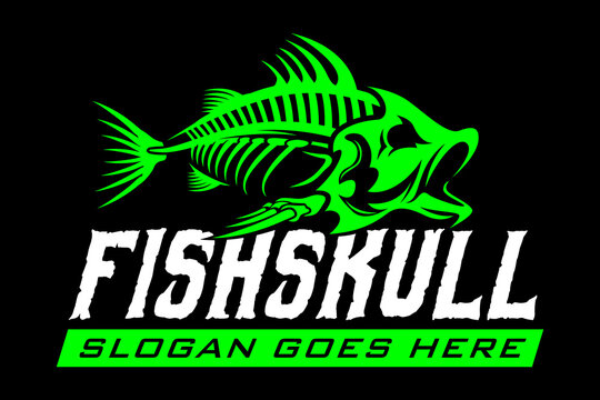 bass grouper skeleton skull fishing logo on black dark background