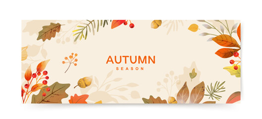 Fototapeta na wymiar Autumn season background with watercolor leaves, branches and berries. Creative fall banner. Vector illustration