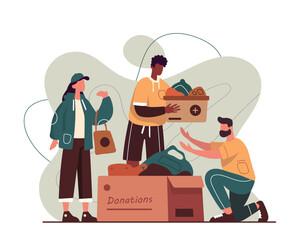 Young people from volunteering organizations collecting clothes for people in need. Goodness, mercy, hope and love. Charity and donations. Vector flat illustration in brown colors